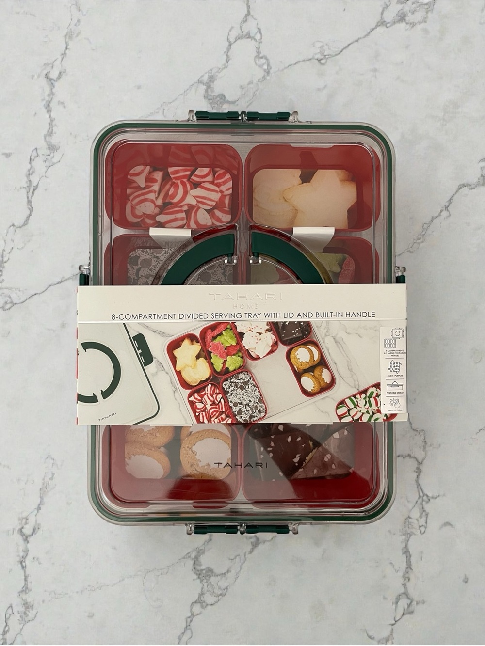 Tahari Home Red 8-Compartment Divided Serving Tray with Clear Lid